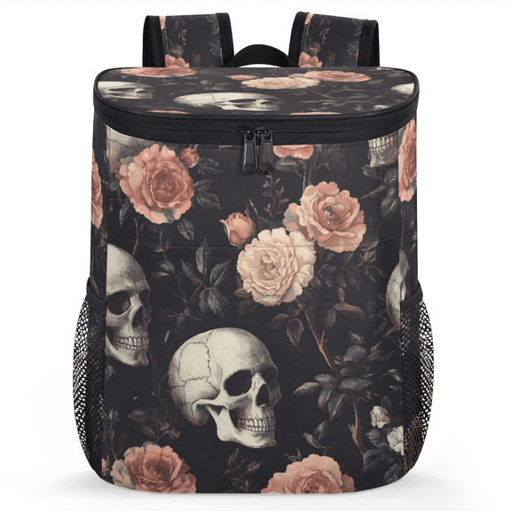Jiaoprinted Sugar Skull Portable Leakproof Cooler Backpack, Rose Flowers Vintage Halloween Insulated Backpack Cooler for Picnic Camping