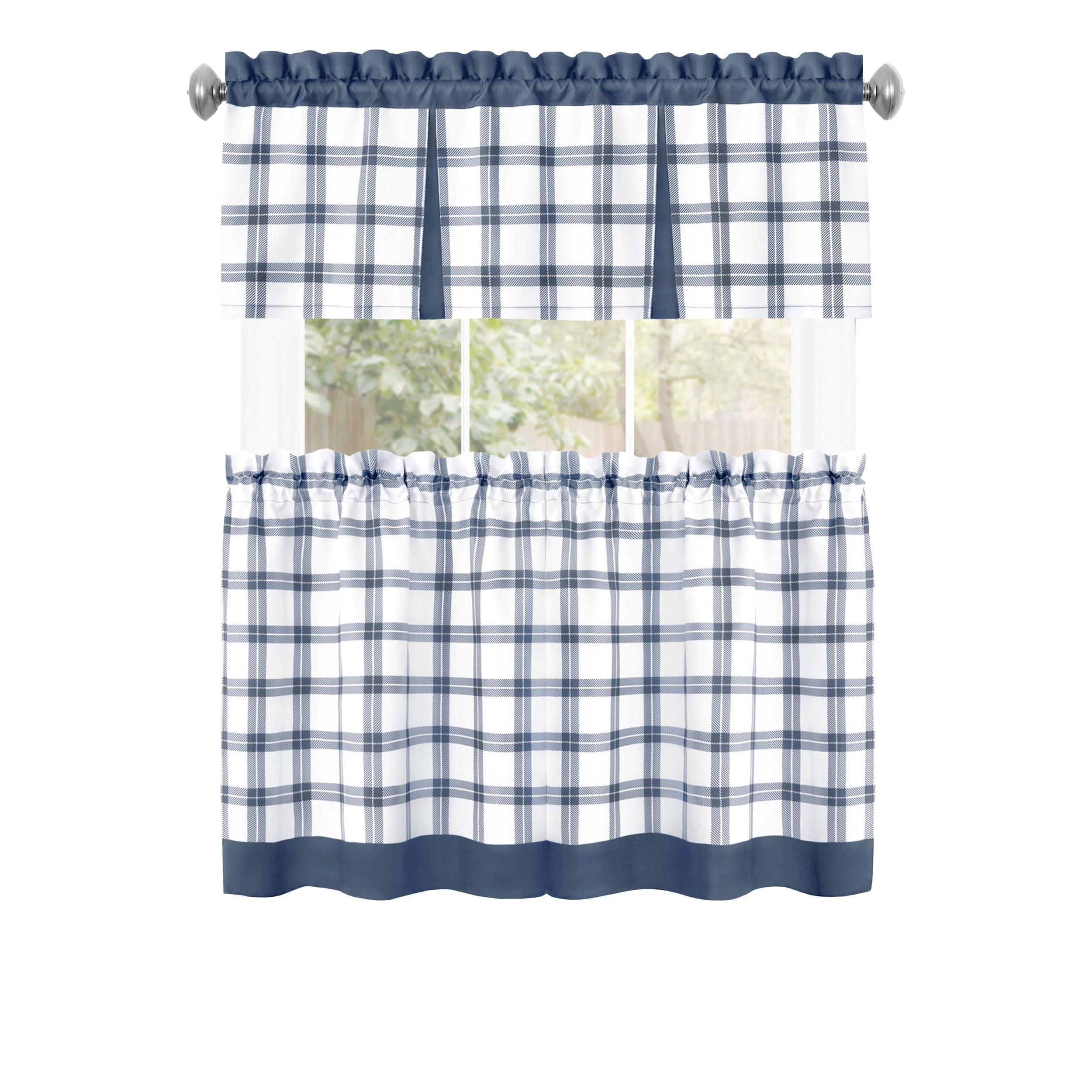 Achim Tate Plaid Light Filtering Tier and Valance Curtain Set, Blue, 58" x 24"