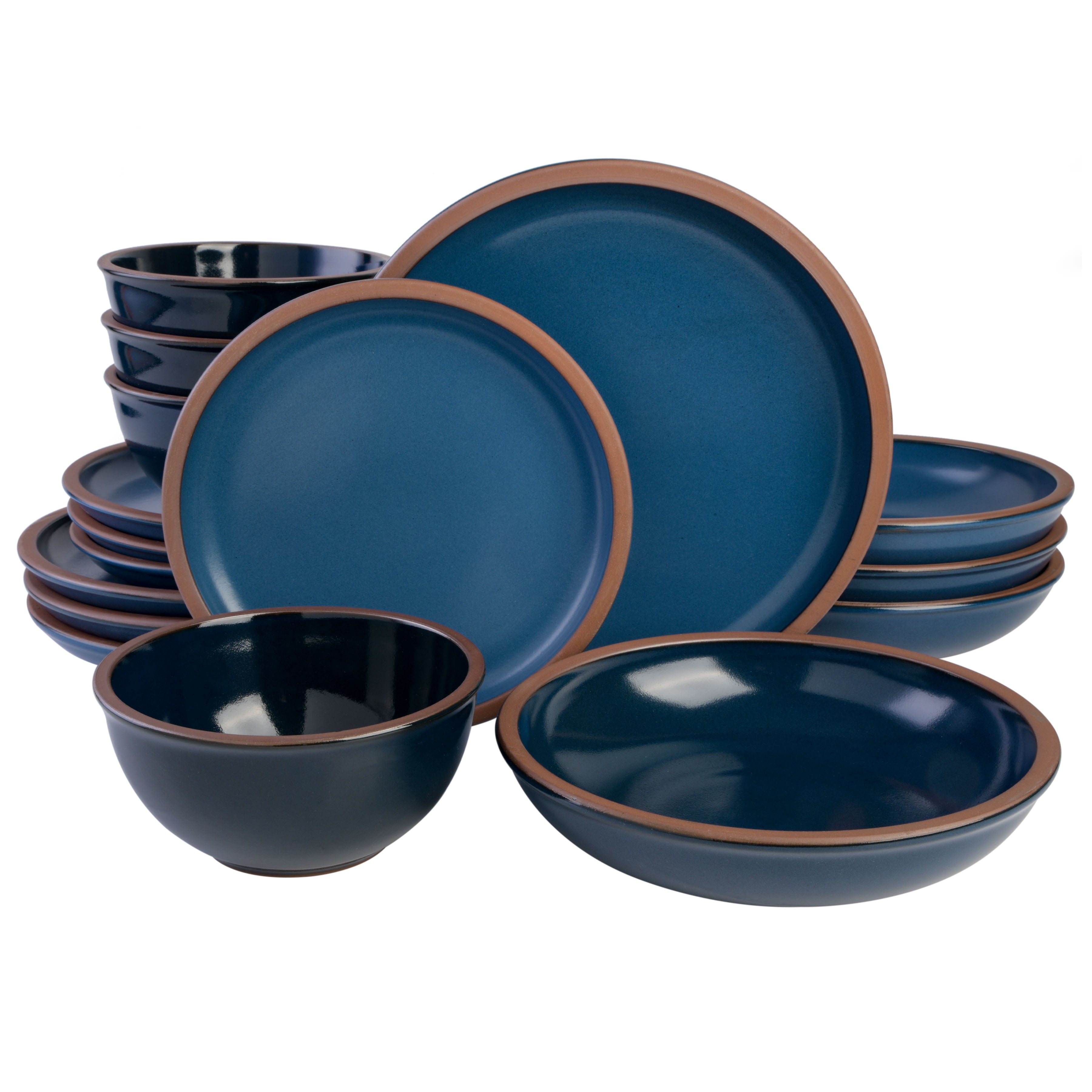 Gibson Soho Lounge Lagos 16 Piece Double Bowl Dinnerware Set, Blue