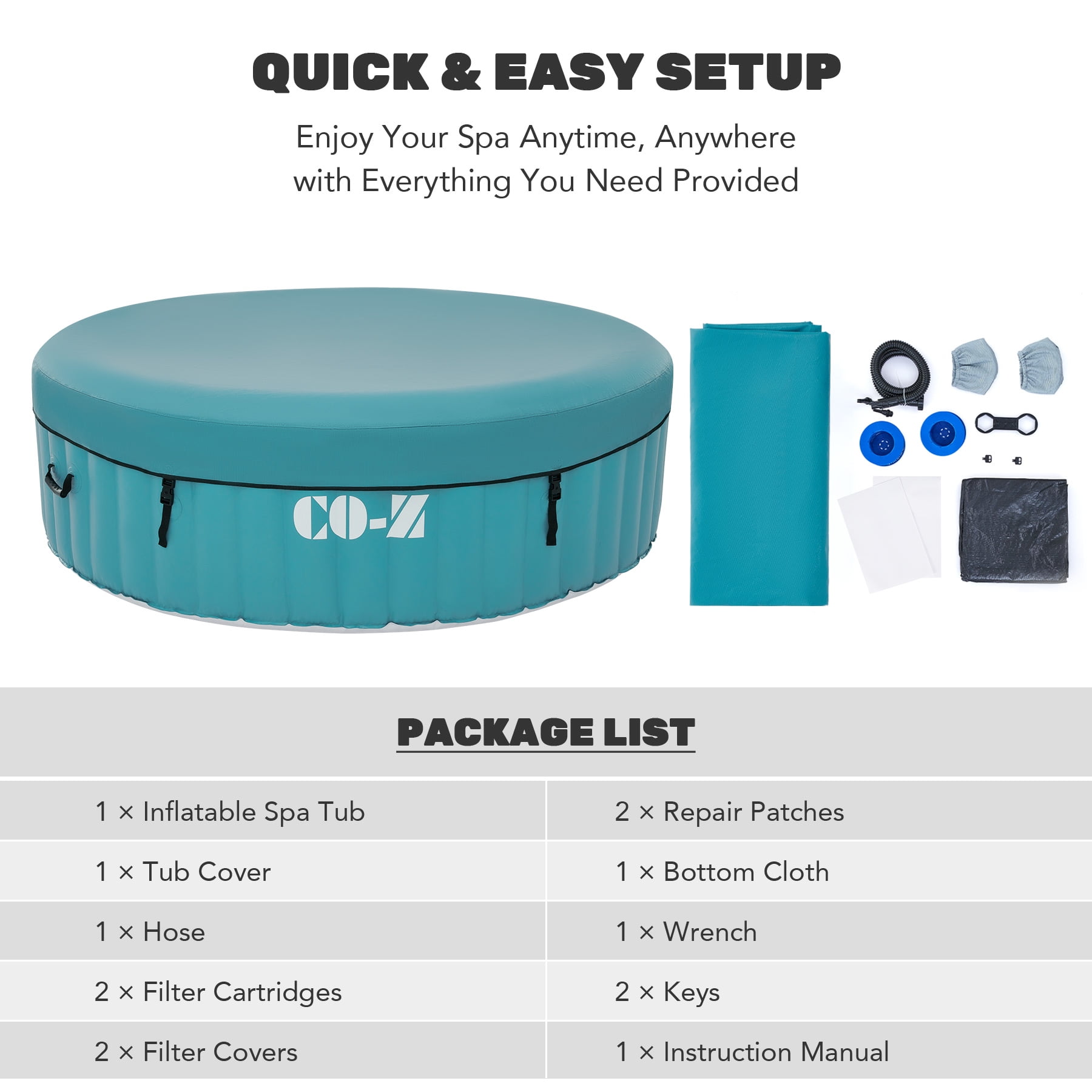 CO-Z 6 Person 7ft Inflatable Hot Tub Pool with Energy Efficient Spa Cover, Massage Jets and All Accessories Teal