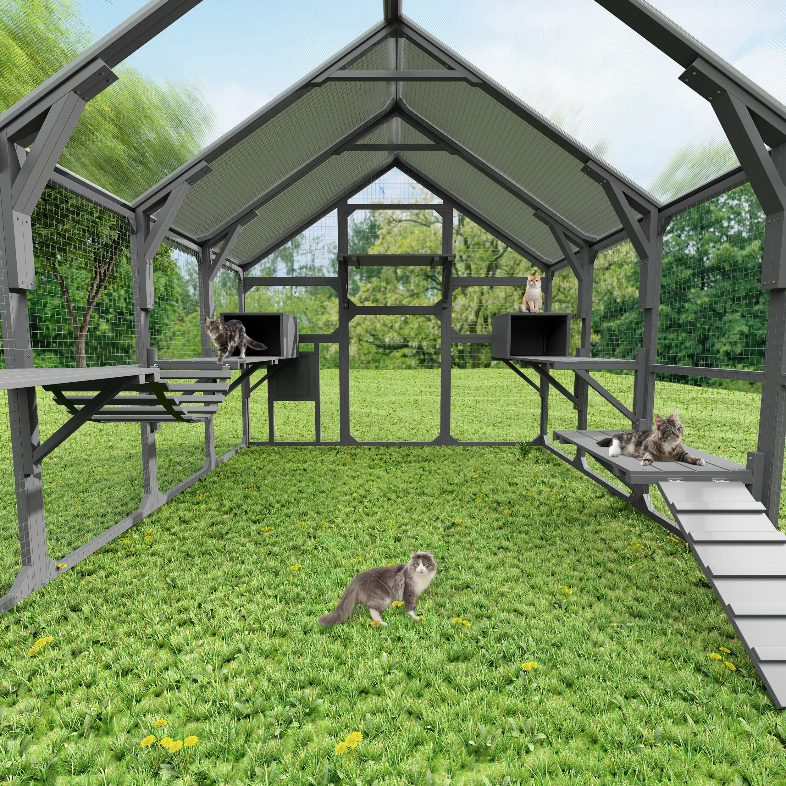 Taoruifang Large Catio Outdoor Cat Enclosure for Multiple Kittens, Wooden Cat House with 7 Platforms, 2 Resting Boxes, 1 Bridge and 1 Ramp, Walk in Kitty Cage Kennel with Sunshine Board Roof