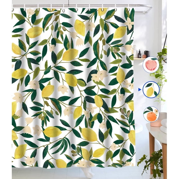 Lemon Shower Curtains, Allover Fruits Shower Curtain Green Leaves Plant Design Waterproof Fabric Bathroom Shower Curtain Set with 12 Hooks, Green Yellow 72"×72"