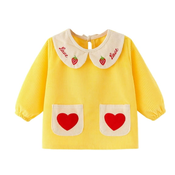 Favoffer Baby Bibs Waterproof Kids' Fall Winter Cotton Reversible Coverall Boys Girls Strawberry-Love Printed Long-Sleeve Bib for Dining, Kindergarten, Outdoor Play 1-7Y