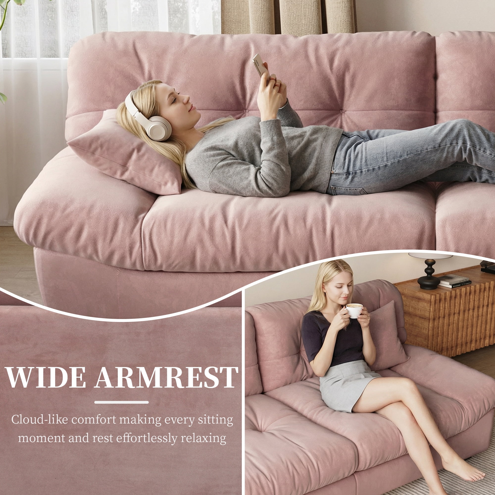 Magic Home 89" Cloud Sofa,Modern Velvet Couch,3-Seat Sofa for Living Room,Apartment and Small Space,Pink