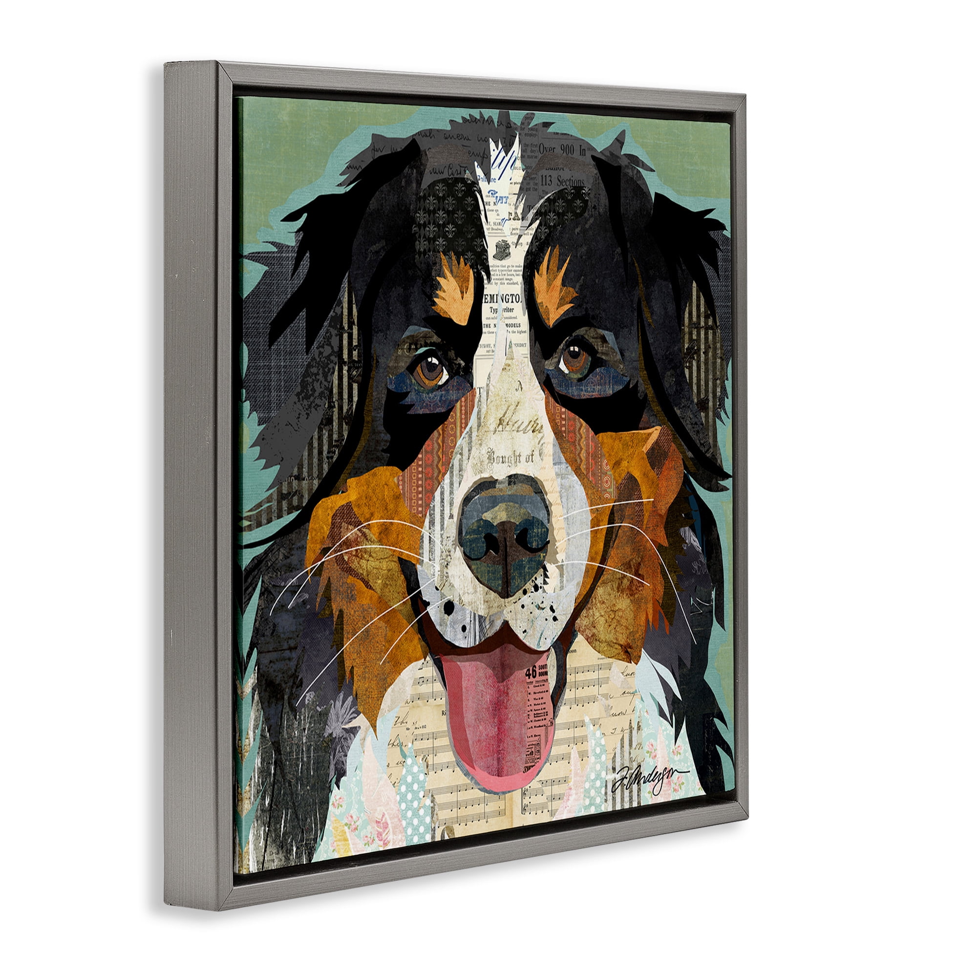Stupell Industries Bernese Mountain Dog Collage Animals & Insects Painting Gray Floater Framed Canvas Art Print Wall Art, 25 x 25