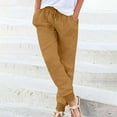 thumbnail image 2 of VSSSJ Womens Cotton Linen Tapered Pants Regular Fit Solid Color Patchwork Drawstring Elastic Waist Trousers Leisure Comfy Long Pants with Pockets Yellow S, 2 of 5