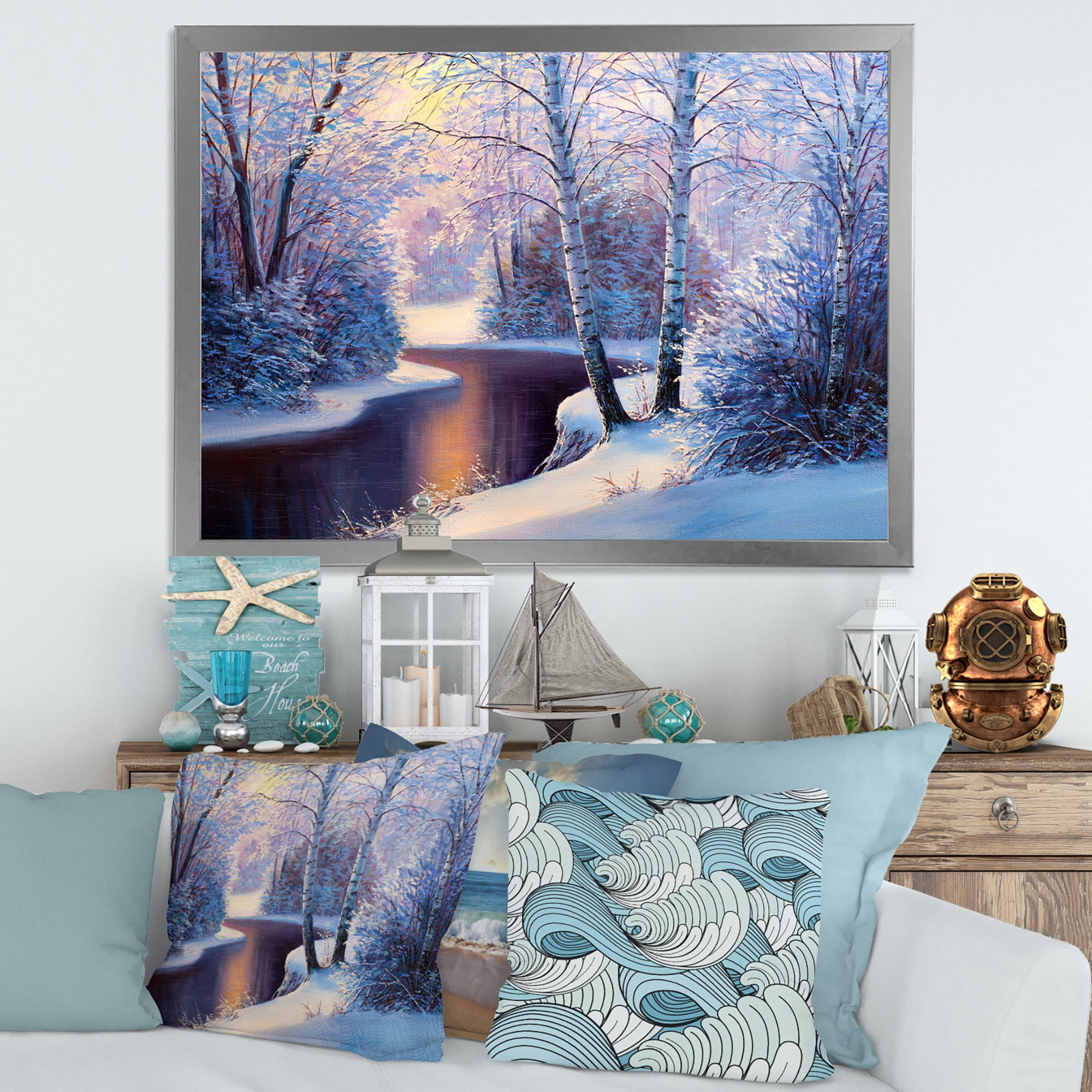 Designart 'Christmas Forest With Trees and River I' Traditional Framed Art Print