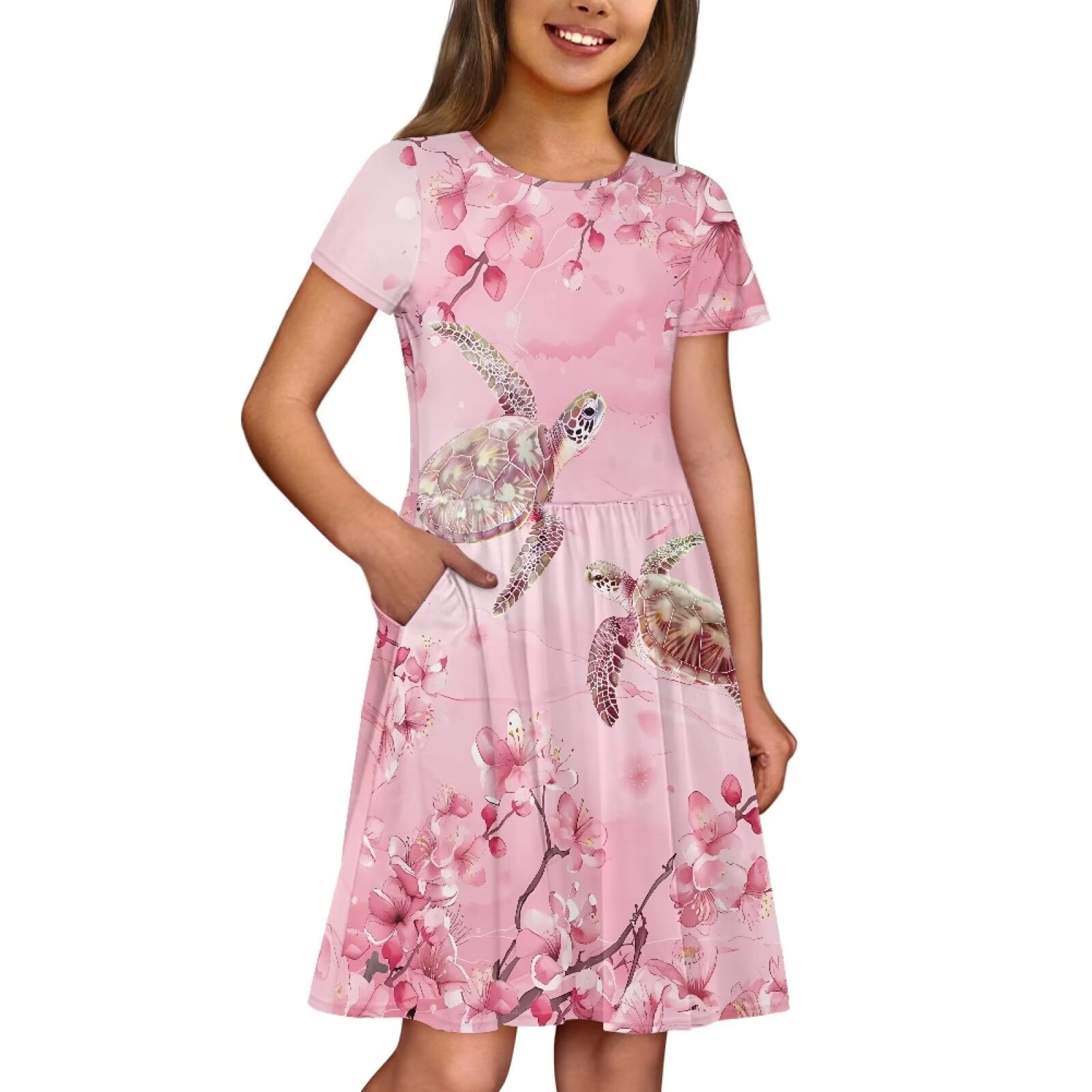 Uourmeti Turtle Short Sleeve Swing Dress 2-14Y Girls Summer Crew Neck Party Dresses Cherry Blossom Lightweight Soft Knee A-Line Dress with Pockets