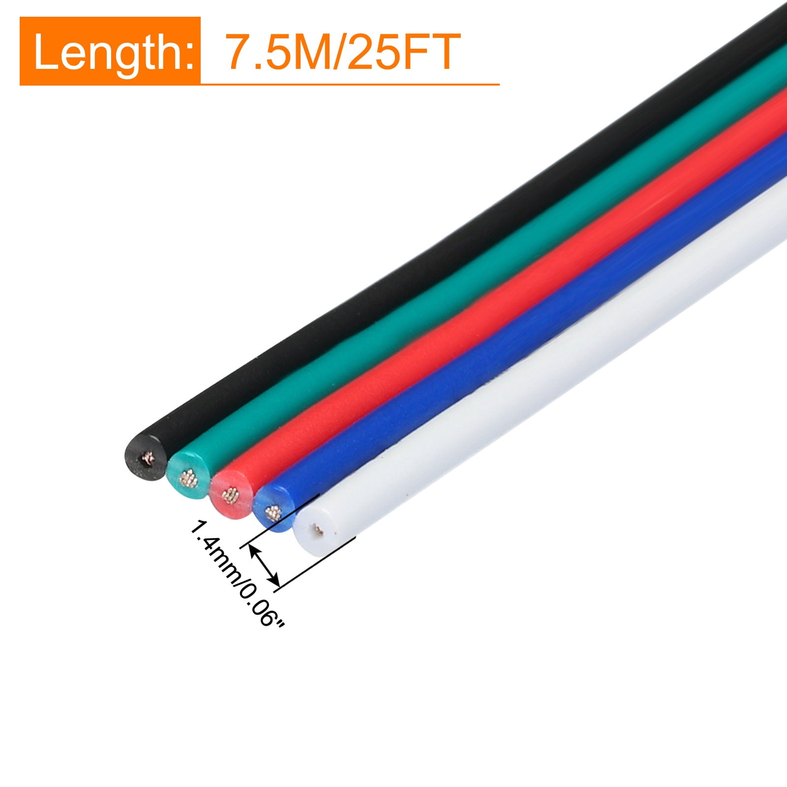 Uxcell 24 Gauge 5 Conductor Electrical Wire Tinned Copper Cable 25FT Stranded Wire for LED Strips Lamps Residential Wiring
