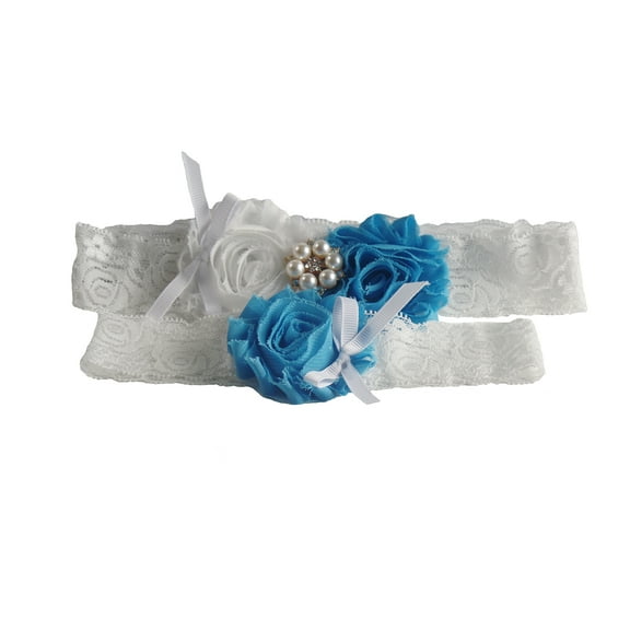 2 Pcs White Lace Wedding Garter Set with Sky Blue Rosettes and Pearl Decoration (2 Sizes)