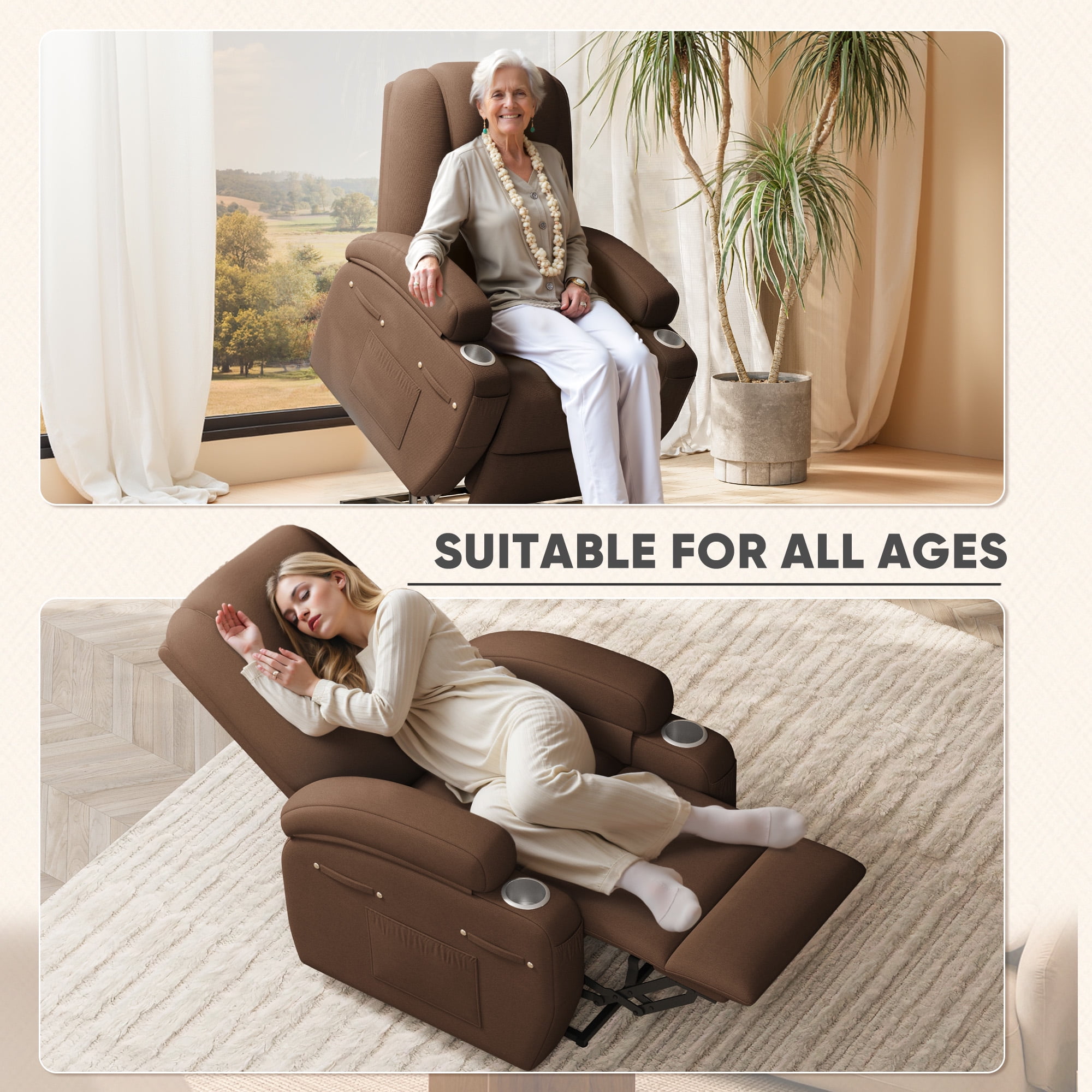 Homall Power Lift Recliner with Eight Vibrating Massages Ergonomic Single Sofa with Side Pocket for Elderly,Brown