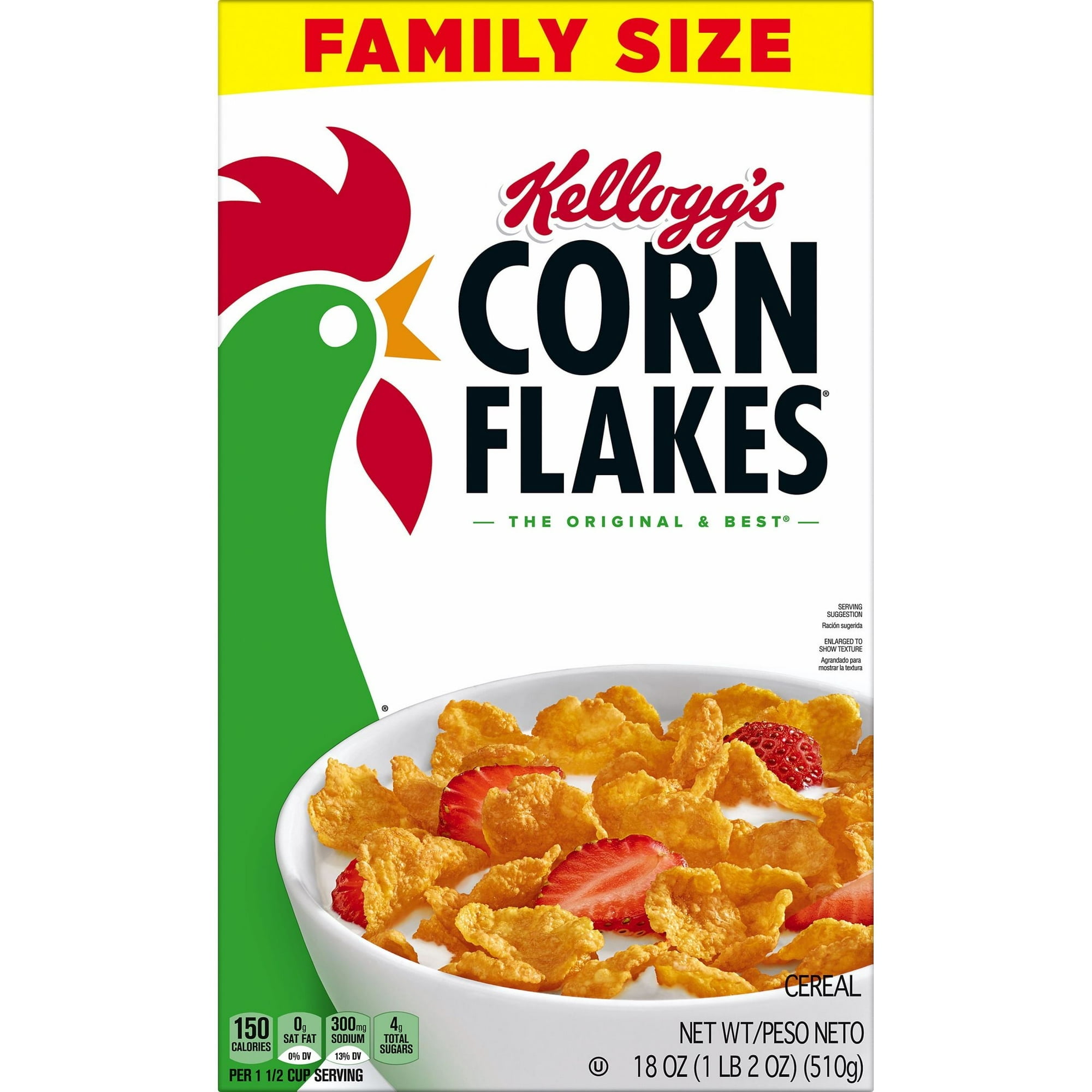 Kellogg's Corn Flakes Breakfast Cereal, Kids Cereal, Family Breakfast, Family Size, Original, 18oz Box (1 Box)pack of 4