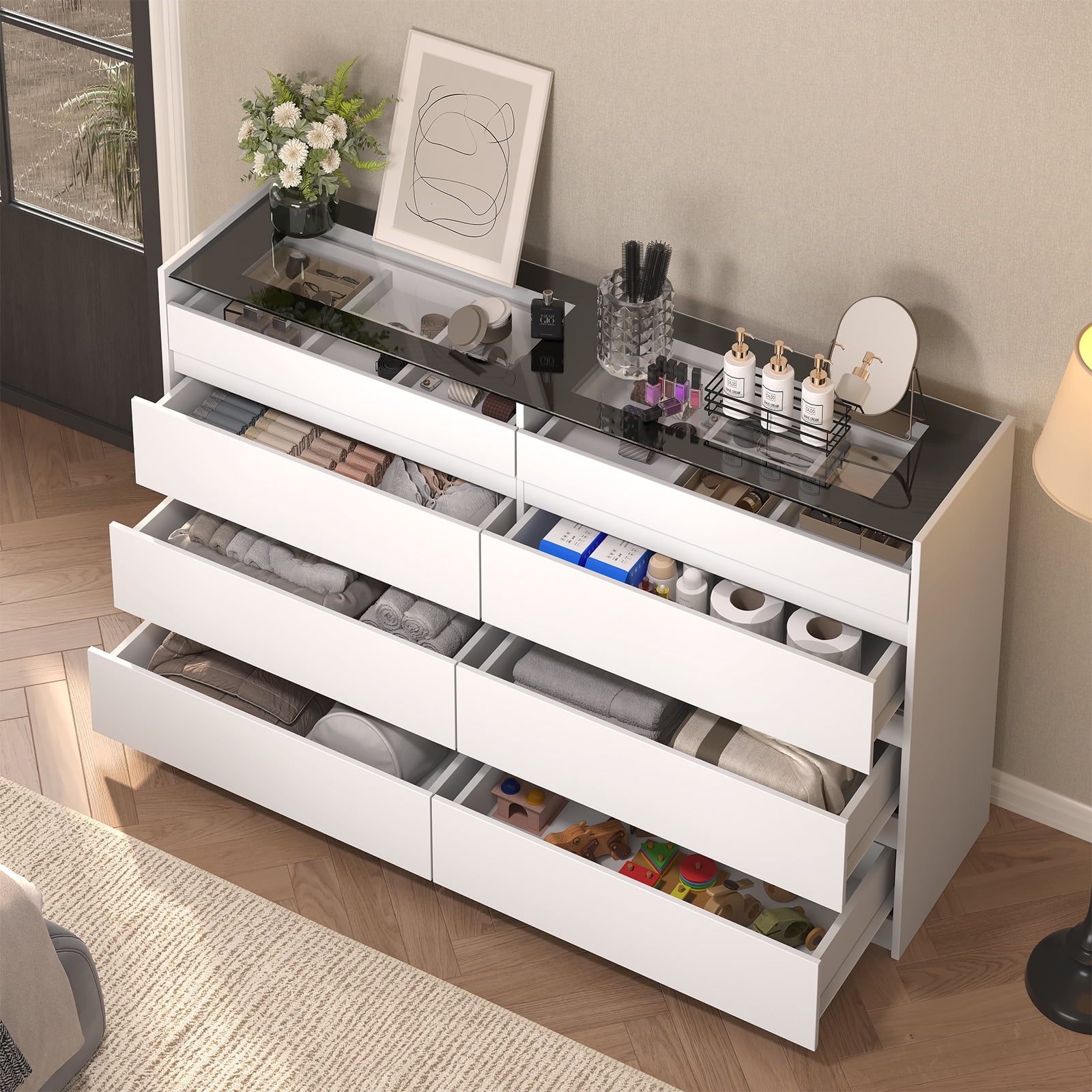47.2" White 8-Drawer Dresser with LED Light, Modern Storage Chest for Bedroom