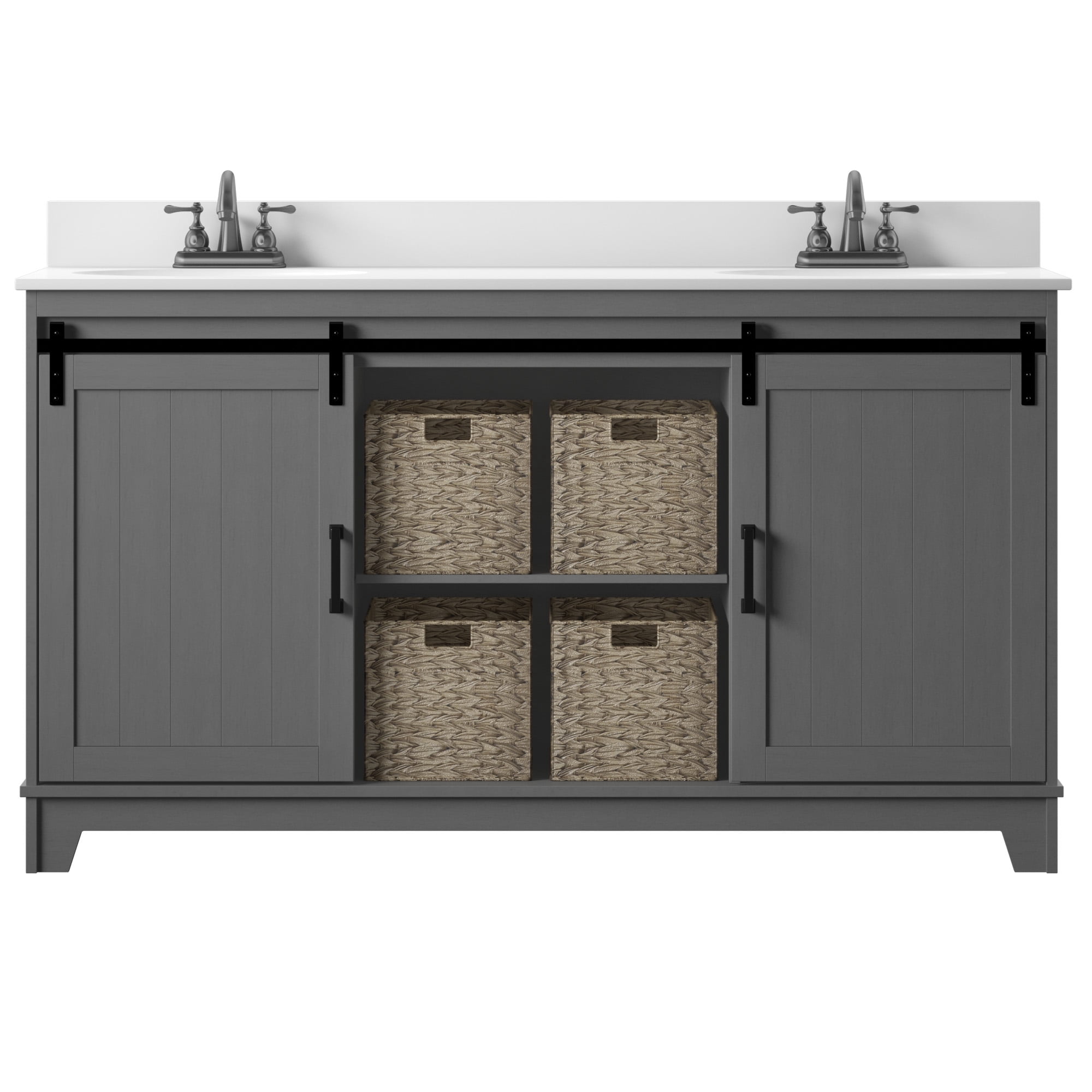 Twin Star Home 60" Sliding Barn Door Double Sink Bathroom Vanity with 4 Woven Baskets