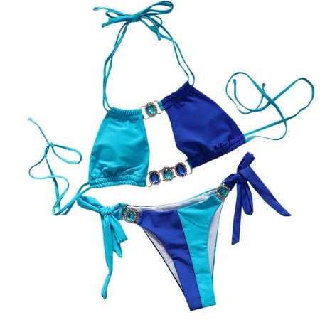 ZQGJB Sexy Women Color Block Swimsuit  Rhinestone Halter Thong Low Rise Bikini Set  Vacation Beach Pool Party Bathing Suits(Blue M)