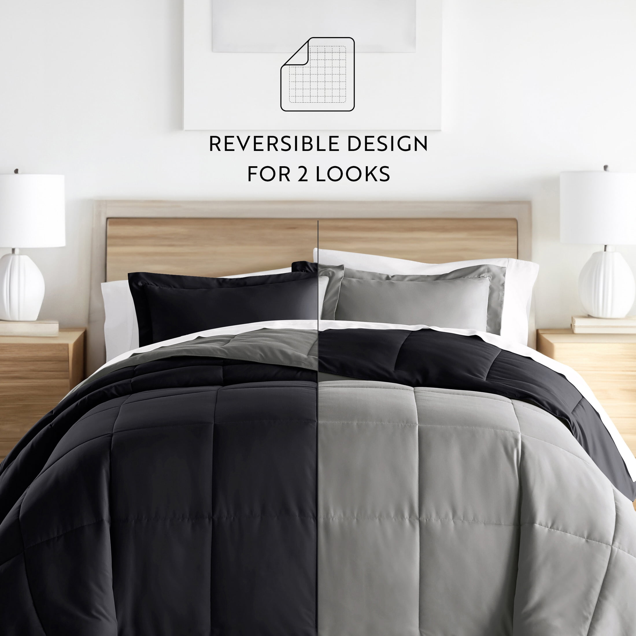 Noble Linens Soft 3-Piece Black & Fog Reversible All Season Lightweight Down Alternative Comforter Set, King/Cal King