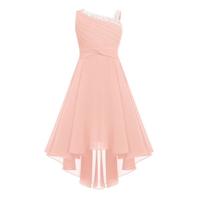 Yartina Robe de Demoiselle d'Honneur pour Fille Junior Robe en Mousseline à Paillettes Asymétrique Robe de Mariage Formelle de Soirée Rose 8