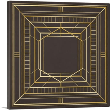 ARTCANVAS Art Deco Tan Squares Lines Design on Brown Canvas Art Print - Size: 18" x 18" (0.75" Deep)