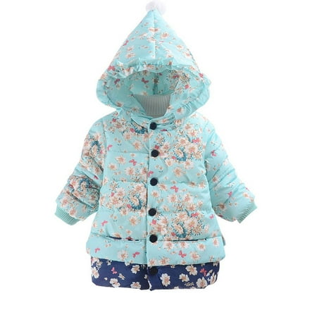 

nsendm Coat Hooded Jacket Boy Windproof Toddler Girl Baby Floral Warm Print Winter Girls Thanksgiving Outfit Girl Light Blue 2-3 Years