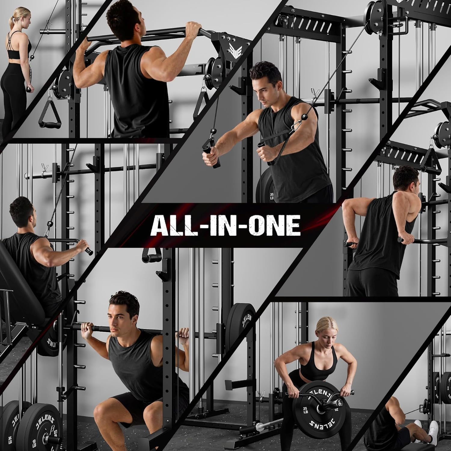 Forgemus Smith Machine, Multi-Function Power Cage with Dual Pulley Cable Crossover System, 2000LBS All-in-One Squat Rack with Smith Bar and Attachments, Workout Machine for Home Gym