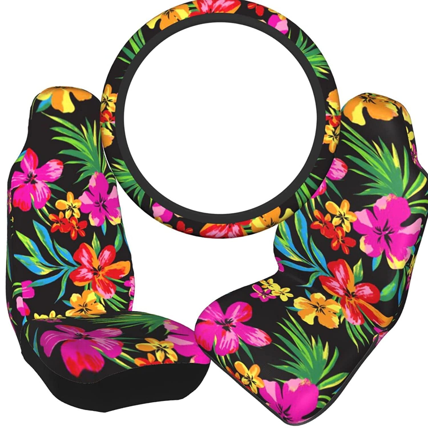 QIBAIDAN Hawaiian Colorful Flower Seat Covers Steering and Wheel Cover