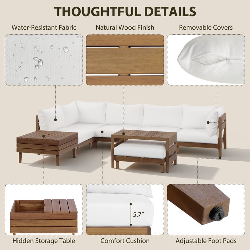 8-Piece Solid Acacia Wood Outdoor Sofa Sectional Set for 6, Patio Modular Chat Set with Coffee Table, Storage Tea Table & Cushions