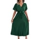 thumbnail image 1 of VISgogo Vestido casual para mujer, cuello en V, manga corta, plisado, dobladillo grande, color sólido, vestido largo con cinturón VISgogo moda, 1 of 7