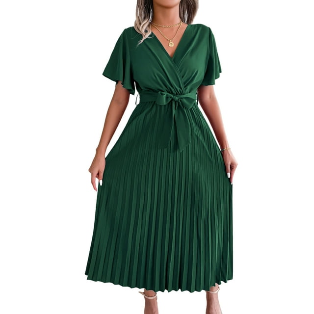 SAYOO Vestido Casual de Verano Mujer Cuello en V Manga Corta Plisado Dobladillo Grande Color Sólido Vestido Largo con Cinturón SAYOO casual