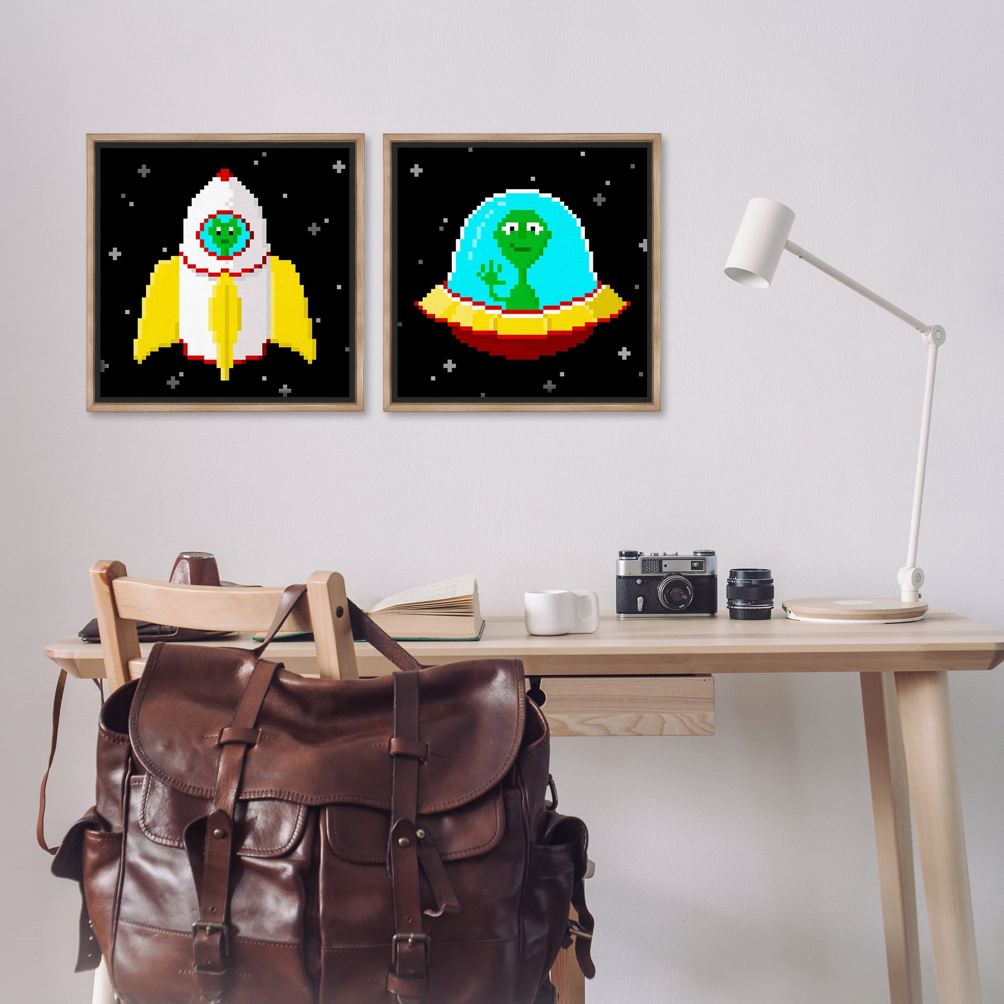 Stupell Industries Pixel Alien Spaceships Fantasy & Sci-Fi Painting Brown Floater Framed Canvas Art Print Wall Art, 18 x 18, Set of 2
