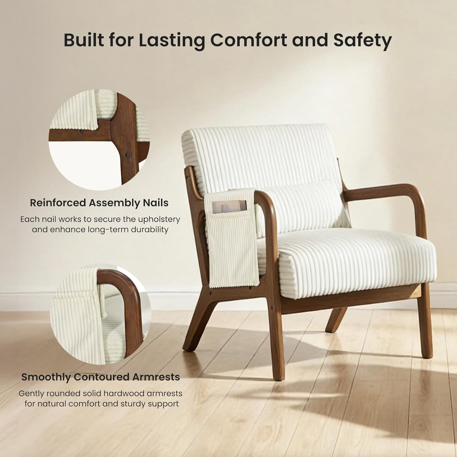 Mid Century Modern Accent Chair, Upholstered Comfy Armchair with Lumbar Pillow, Solid Wood Frame, Comfy Reading Chair for Living Room, Beige