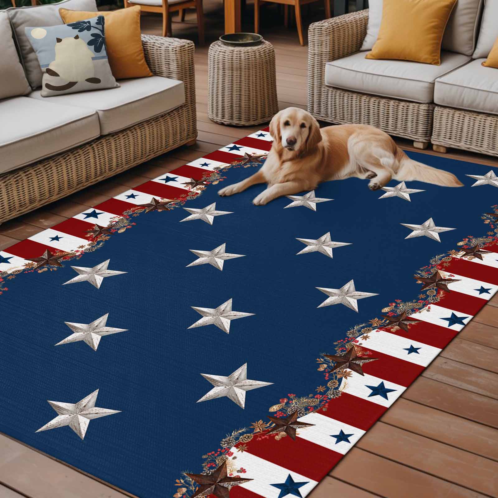 Fsddascl Country Star Farm Outdoor Rug for Patio/Deck/Porch, Non-Slip Large Area Rug 4 x 6 Ft, Red Blue Patriots Stripe American Flag Indoor Outdoor Rugs Washable Area Rugs, Camping Rug Carpet