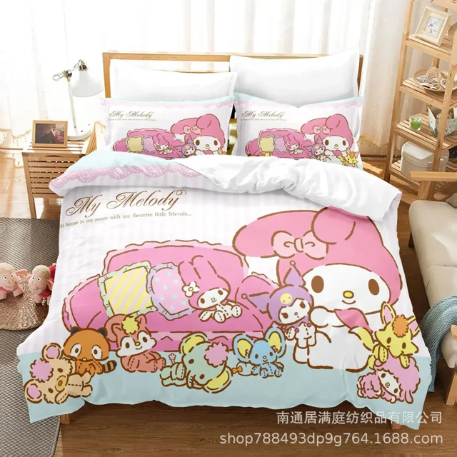 Sanrio Digital Printing HelloKitt Pudding Dog Cartoon Style Quilt Cover Bedding Three-piece Set Two-dimensional Home Furnishing WT