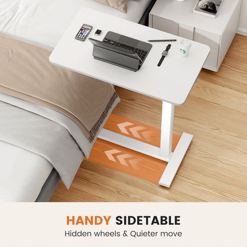 Kelno Overbed Bedside Table Adjustable Height Rolling Mobile Standing Laptop Desk, White