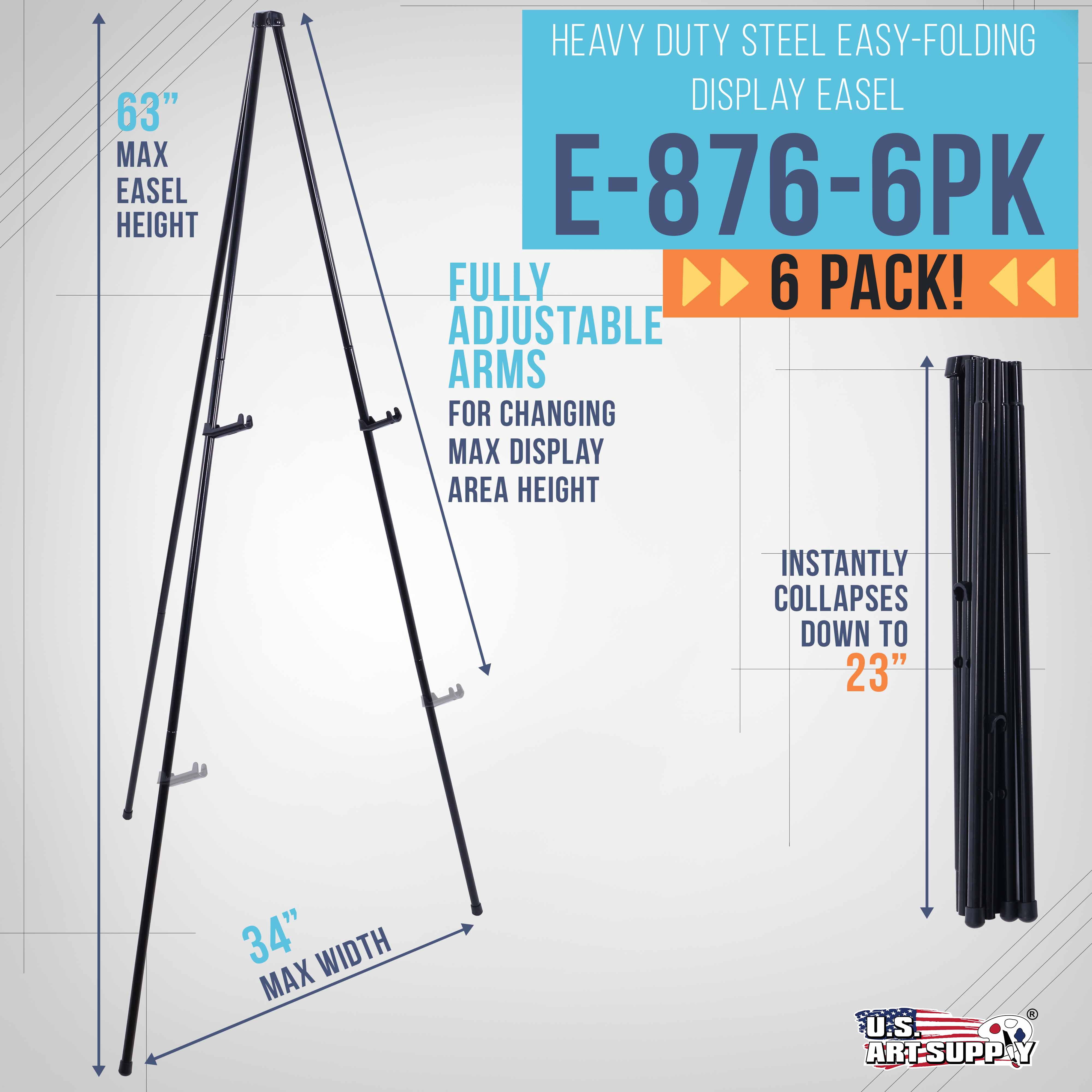 U.S. Art Supply 63" High Heavy Duty Steel Easy Folding Display Easel (6 Pack), Adjustable Height Holder, Portable Tripod