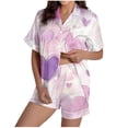 thumbnail image 2 of Womens Two Piece Sets Women Printed Stand Up Collar Pocket Short Sleeved Top Shorts Home Wear Pajama Set Purple M, 2 of 9