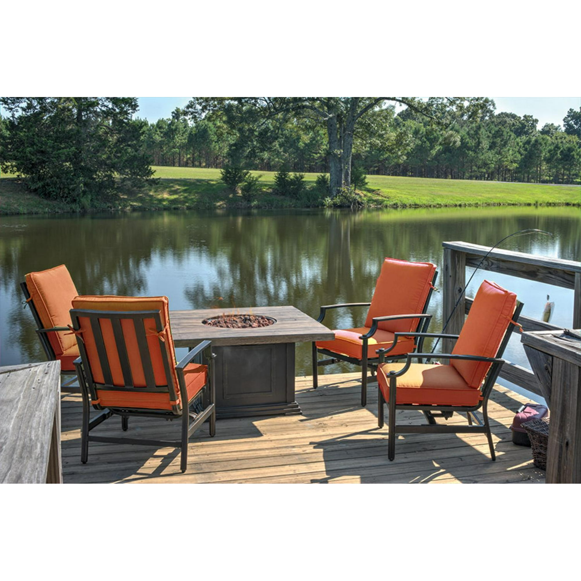5 Piece Tres Motion Cast Aluminum Patio Chair And Gas Fire Pit