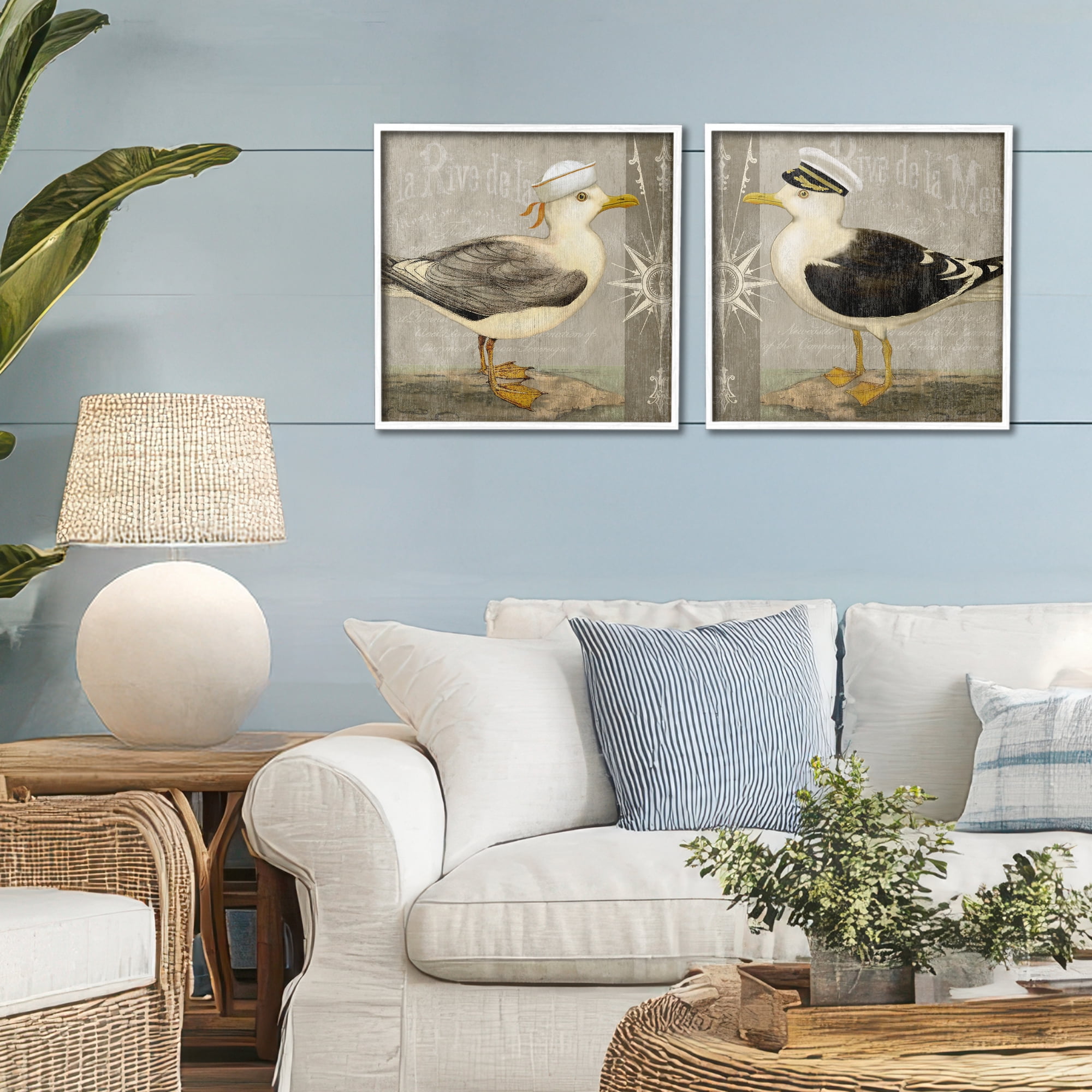 Stupell Industries Little Seagulls with Hats 2 Piece White Framed Giclee Art Set, design by Suzanne Nicoll