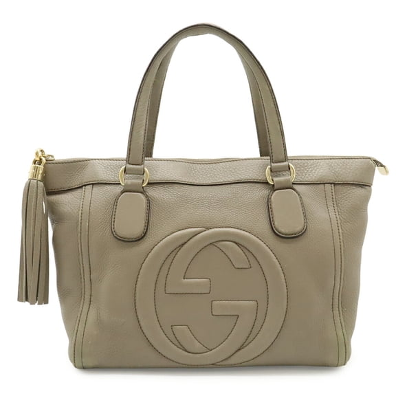 Pre-Owned GUCCI Soho Interlocking G Tote Bag Handbag Tassel Leather Light Greige 282307