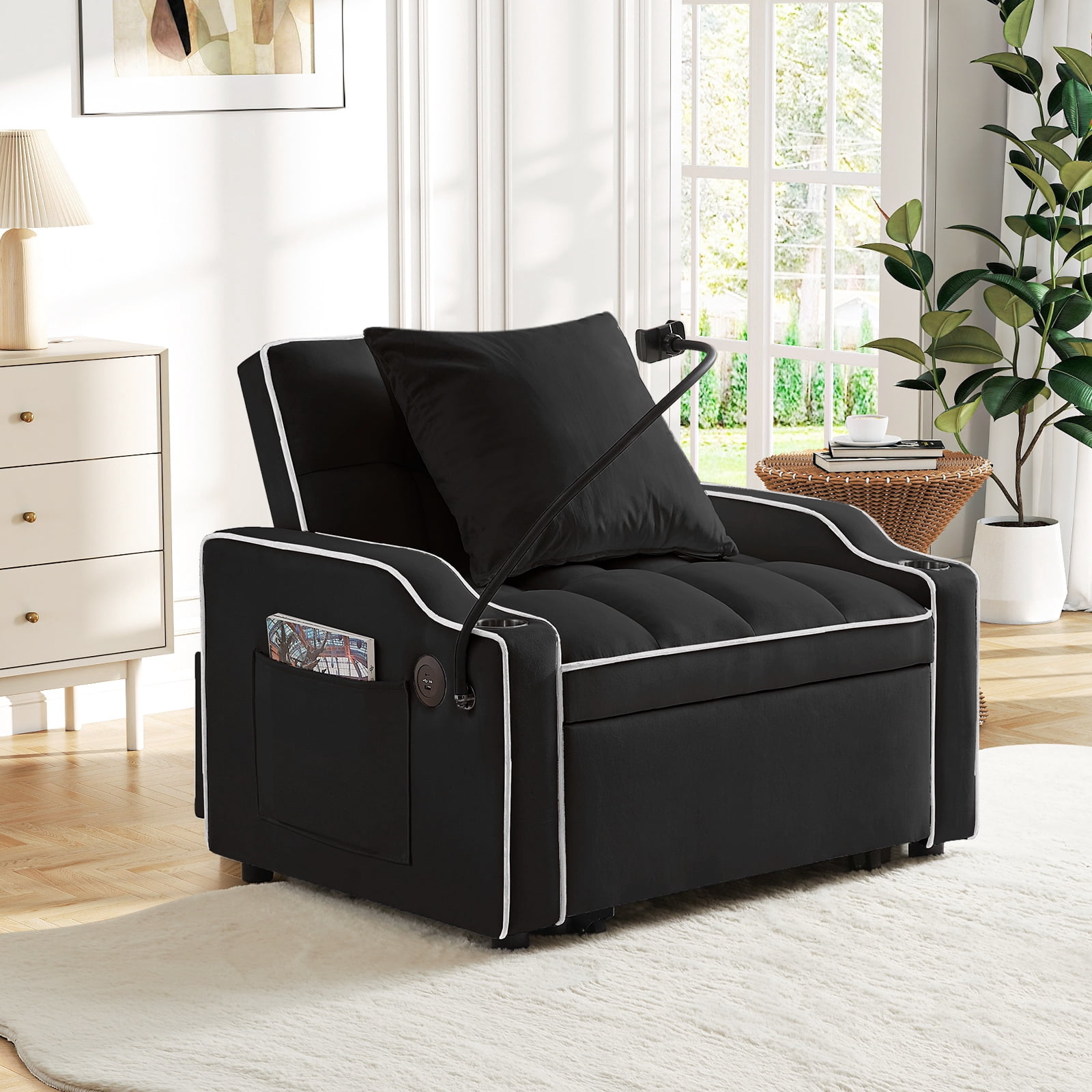 Lunale 4-in-1 Convertible Sleeper Chair Bed with Charge Ports & Phone Stand, Black Velvet