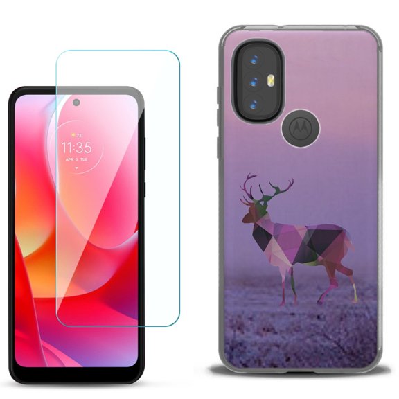 Slim-Fit Gel TPU Phone Case for Motorola Moto G Power 2022, with Tempered Glass Screen Protector, by OneToughShield ® - Deer/Polygon