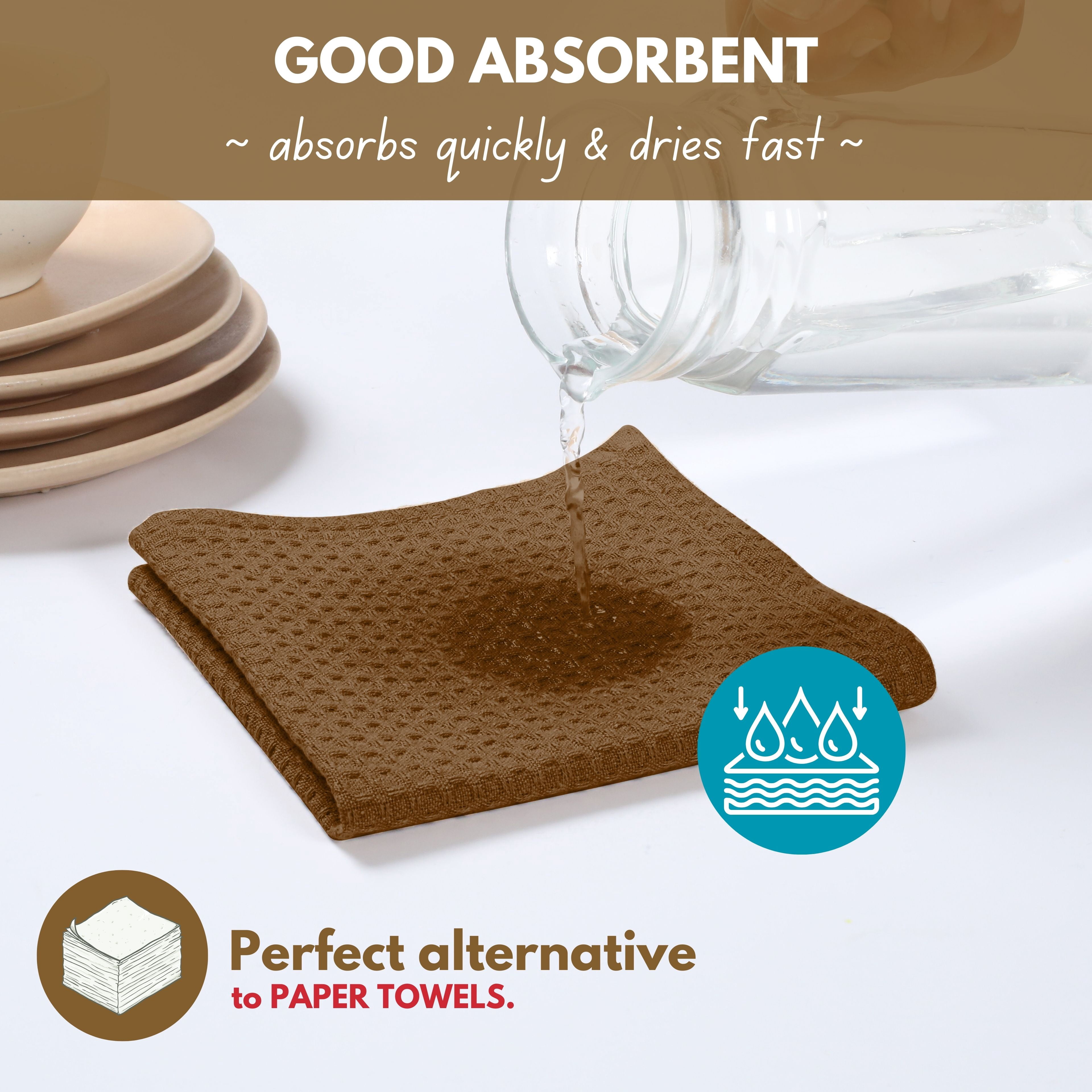 Native Fab 12 Pack Waffle Kitchen Towels - Absorbent Dish Cloths for Cleaning Drying - Brown