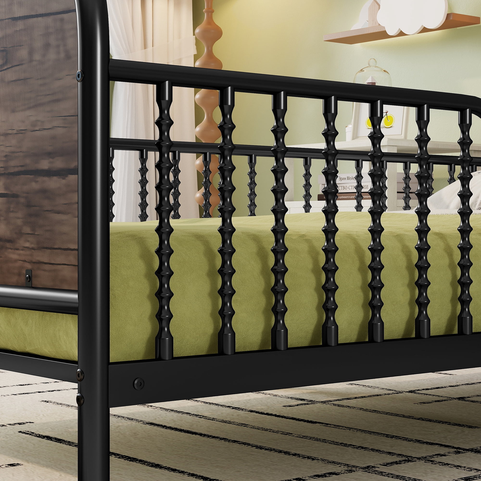 Euroco Metal Twin Size Platform Bed with Upholstered Headboard, Storage Shelves and LED Light, Black