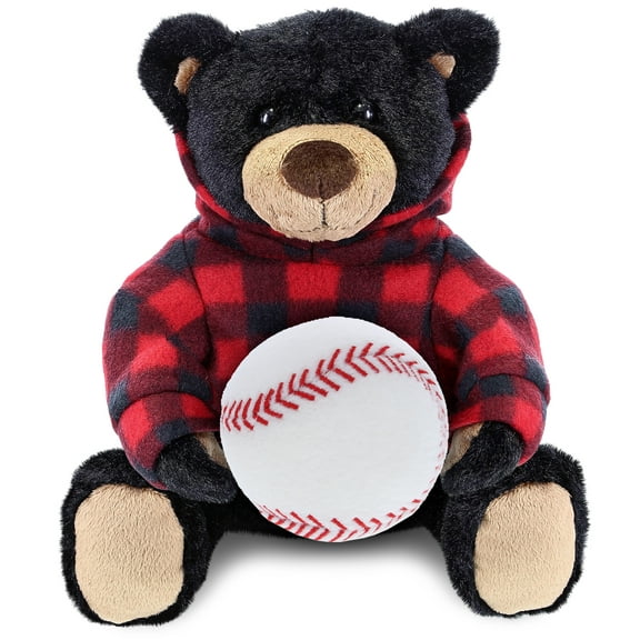 DolliBu Black Bear With Baseball Plush with Red Plaid Hoodie – Soft Huggable Bear, Playtime Teddy Bear Plush Toy, Cute Wildlife Gift, Baseball Plush Stuffed Animal Toy for Kids and Adults - 10 Inch
