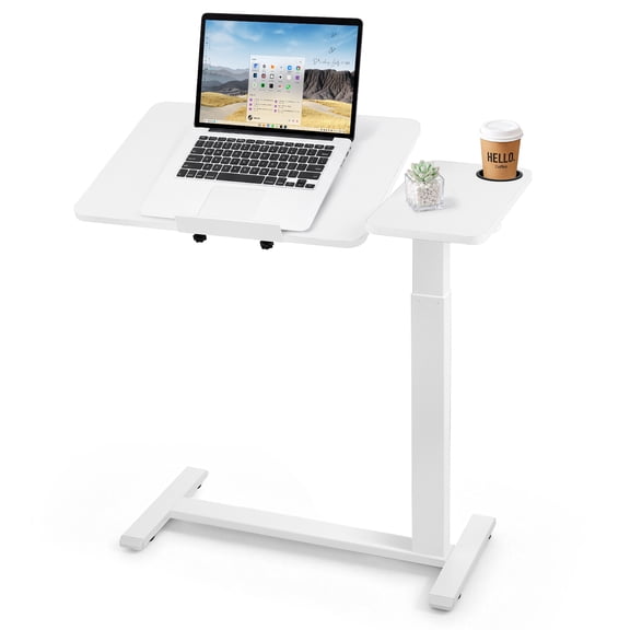VEVOR Overbed Table 31.5"W x 15.7"D Mobile Bedside Table with Wheels White, for Home Office Bed Couch, Height Adjustable Rolling Laptop Desk, Portable Standing Cart with Tilting Desktop & Cup Holder