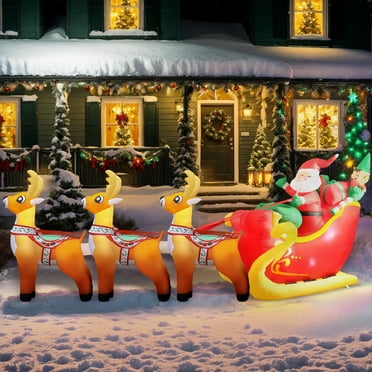 PayUSD Christmas Inflatable Decoration 12 FT Long LED Lighted Santa on Yellow & Red Sleigh with Reindeers and Gift Boxes Blow up Outdoor Yard Decoration Garden Lawn Porch Xmas Holiday Party