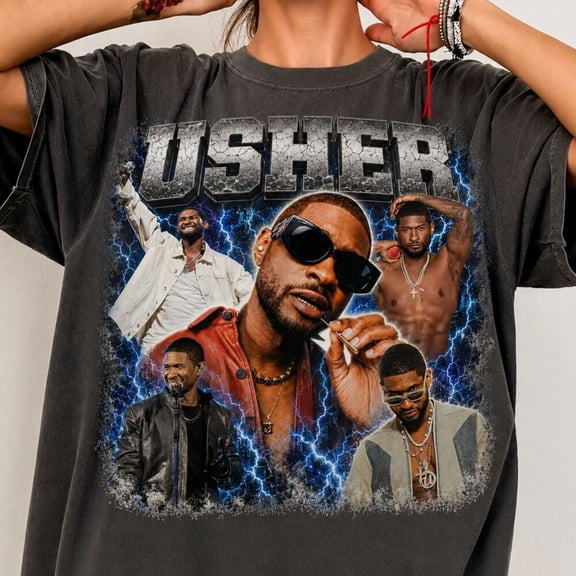 Usher Vintage Graphic T-Shirt, R&B Music Legend Collage Tee, Retro Concert Fan Shirt