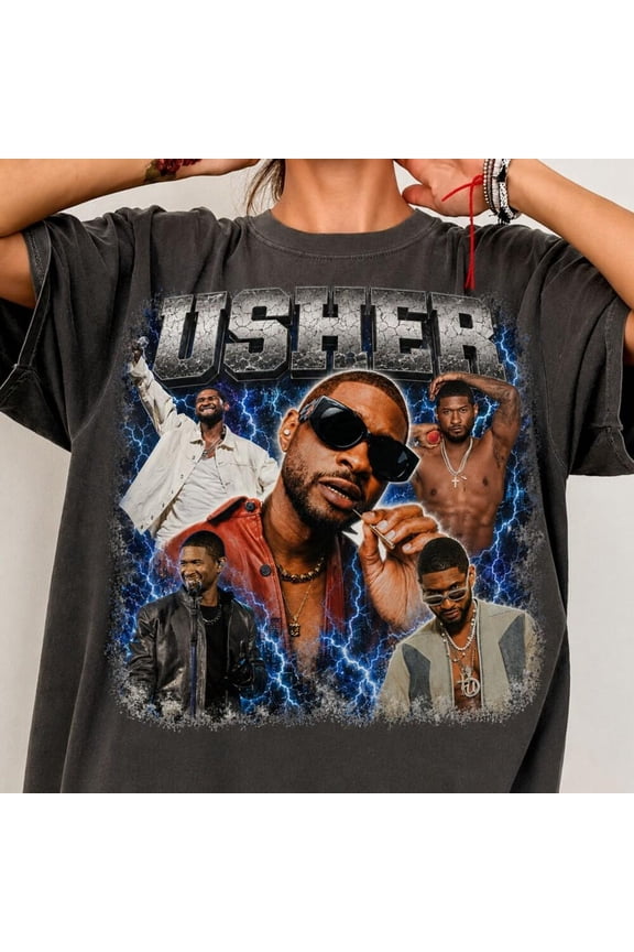 Usher Vintage Graphic T-Shirt, R&B Music Legend Collage Tee, Retro Concert Fan Shirt,Charcoal Color,Size XL