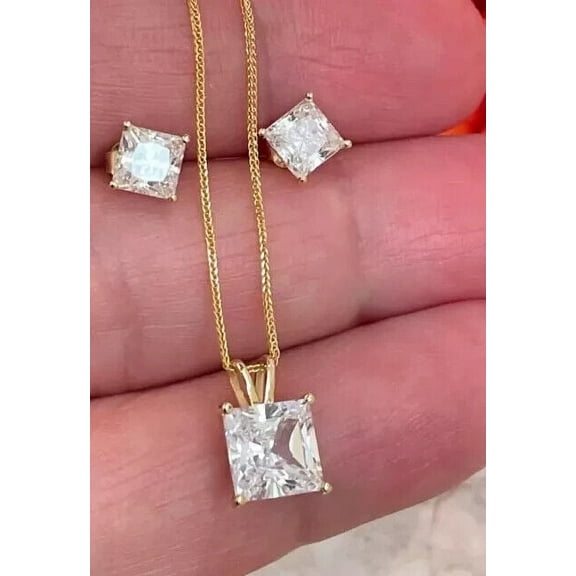 14K Yellow Gold Plated 2Ct Lab Created Diamond Princess Cut Women's Jewelry Set