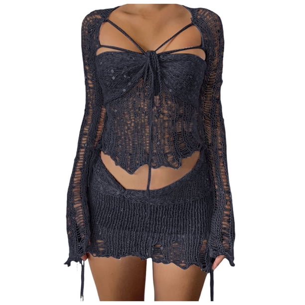 Conjunto de vestido sexy con top tubo y lentejuelas huecas para mujer - Conjunto de dos piezas, poliéster, ropa para discoteca y fiesta, S-XL