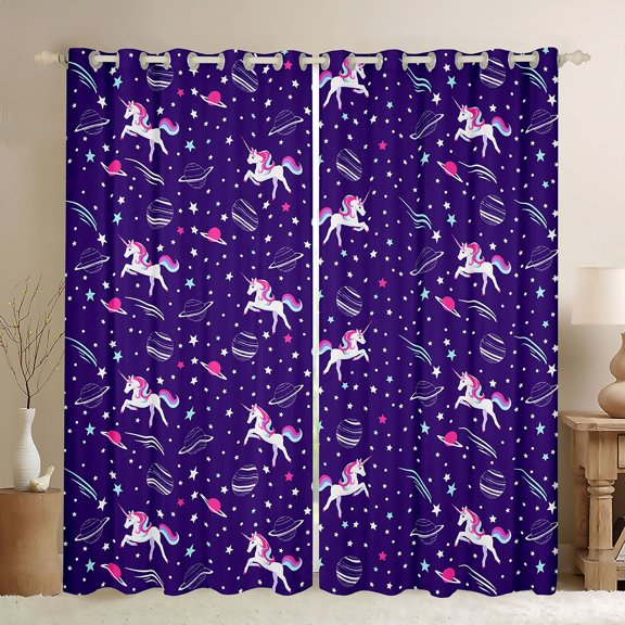 jejeloiu Kawaii Unicorn Blackout Curtains Set of 2 (52x84 Each),Cute Planet Stars Window Curtains,Purple Pink White Curtains and Drapes For Girls,Microfiber Bedroom Decor